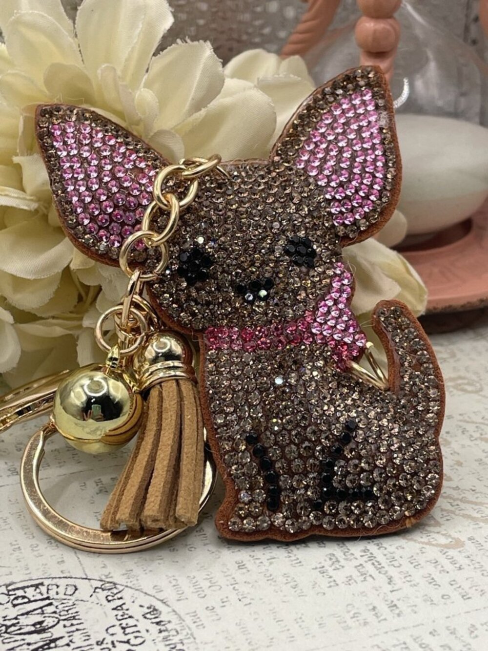 Bling Pink Brown Sparkling Rhinestone Chihuahua Keychain Gold Purse charm Gift